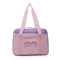 Flamingo Nylon Shoulder Bags, Rectangle Women Handbags, with Zipper Lock & Heart Clear PVC Windows, Flamingo, 36x26x13cm