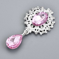 Pink Alloy Flat Back Cabochons, with Acrylic Rhinestones, Oval and Teardrop, Silver Color Plated, Faceted, Pink, 58x29x7mm, Pendant: 24.5x13x7mm