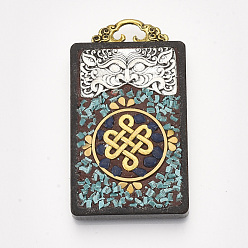 Dark Turquoise Handmade Indonesia Big Pendants, Wood Settings, with Brass Findings and Alloy Loop, Rectangle with Chinese Knot, Dark Turquoise, 57x32.5x8mm, Hole: 7x2.5mm
