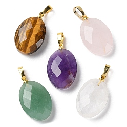 Mixed Stone Natural Mixed Gemstone Pendants, Faceted Oval Charms with Golden Plated Brass Snap on Bails, 21.8x13.4~13.5x6.2mm, Hole: 5.3x3.7mm