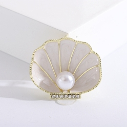 Blanco Broches de esmalte de aleación, alfiler de perlas y diamantes de imitación de plástico, joyas para mujeres, cáscara, blanco, 33x38 mm