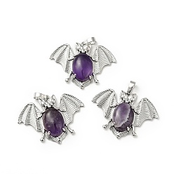 Amethyst Natural Amethyst Pendants, with Platinum Tone Brass Findings, Lead Free & Cadmium Free, Bat Charms, 32x43x8mm, Hole: 5x8mm