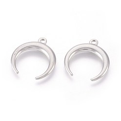Stainless Steel Color 304 Stainless Steel Pendants, Double Horn/Crescent Moon, Stainless Steel Color, 19x17.5x2mm, Hole: 1.8mm