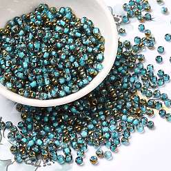 Turquoise Medio Abalorios de la semilla de cristal, medio chapado, dentro de los colores, agujero redondo, rondo, medio turquesa, 4x3 mm, agujero: 1.4 mm, 5000 unidades / libra