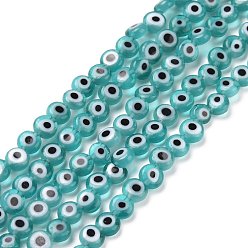 Turquoise Moyen Perles lampwork, perles au chalumeau, faits à la main, rond et plat avec des mauvais œil, turquoise moyen, 4.5x2.5mm, Trou: 0.6mm, Environ 90~100 pcs/chapelet, 15.35''~15.75'' (39~40 cm)