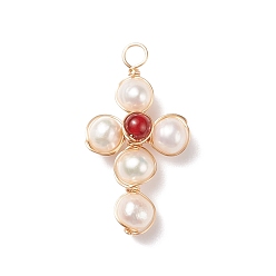 Carnelian Natural Carnelian & White Freshwater Pearl Pendants, with Real 18K Gold Plated Copper Wire Wrapped, Cross, 31.5x17.5x7mm, Hole: 3.1mm