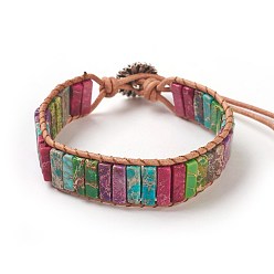 Coloré Bracelets perlés en cordon de jaspe avec régalite naturelle / jaspe impérial / sédiment marin, avec cordon en cuir et fermoirs en alliage, teint, fleur, argent antique, colorées, 7-1/2 pouces ~ 8-1/8 pouces (19~20.5 cm), 1.5~2mm