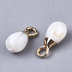 Creamy White Natural Freshwater Shell Charms, with Light Gold Plated Brass Loop and Half Drilled Hole, Teardrop, Creamy White, 11x5mm, Hole: 1.8mm, Half Hole: 1mm