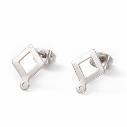Stainless Steel Color 201 Stainless Steel Stud Earring Findings, with 304 Stainless Steel Pins, Horizontal Loops and Ear Nuts, Rhombus, Stainless Steel Color, 12x9.5mm, Hole: 1mm, Pin: 0.8mm