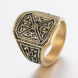 Античное Золото Ионное покрытие (ip) 304 мужские перстни из нержавеющей стали, широкие кольца группа палец, прямоугольник с цветочным узором, античное золото , Размер 8~13, 18~23 мм