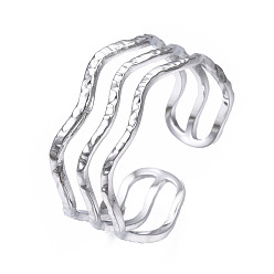Stainless Steel Color 304 Stainless Steel Triple Line Wave Open Cuff Ring, Chunky Hollow Ring for Women, Stainless Steel Color, US Size 7(17.3mm)