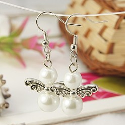 White Trendy Glass Pearl Fairy Wing Dangle Earrings, with Tibetan Style Beads, Brass Earring Hooks, White, 45mm