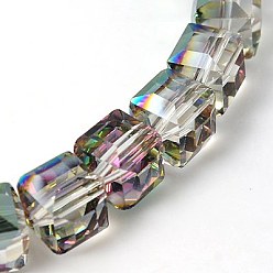 Aqua Electorplated Glass Beads, Rainbow Plated, Faceted, Cube, Aqua, 9x9x9mm, Hole: 1mm