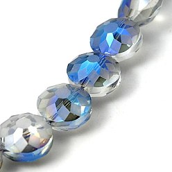 Royal Blue Electorplated Glass Beads, Rainbow Plated, Faceted, Flat Round, Royal Blue, 14x9mm, Hole: 1mm