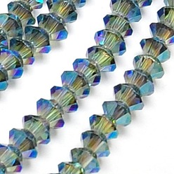 Medium Turquoise Electroplate Glass Beads Strands, Full Rainbow Plated, Faceted, Bicone, Medium Turquoise, 6x4mm, Hole: 1mm