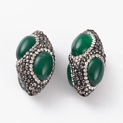 Green Onyx Agate Natural Green Onyx Agate Beads, with Rhinestone, Rugby, 32.2~33.9x18.3~20.2mm, Hole: 1.2mm