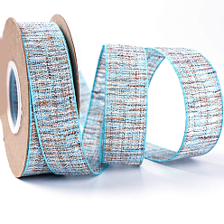 Cyan Cotton and Linen Wired Ribbon, for Christmas Party, Gift Wrapping, Home Decor, Crafts Making, Cyan, 1 inch(25mm), 10 yards/roll