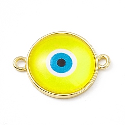 Amarillo Encantos del conector de resina mal de ojo, enlaces redondos planos, con fornituras de latón de tono de oro, amarillo, 16.5x22x5 mm, agujero: 1.8 mm