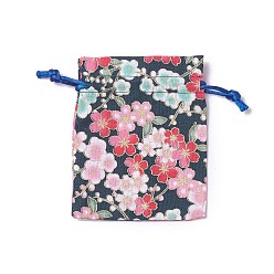 Dark Blue Burlap Packing Pouches, Drawstring Bags, Rectangle with Flower Pattern, Dark Blue, 10~10.5x8~8.3cm