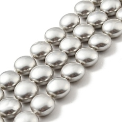 Silver Electroplated Shell Pearl Beads Strands, Polished, Flat Round, Silver, 14x9.5~10mm, Hole: 0.4mm, about 27pcs/strand, 15.55 inch(39.5cm)