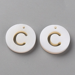 Letter C Natural Freshwater Shell Pendants, Flat Round with Letter, Letter.C, 12x1.5mm, Hole: 1mm