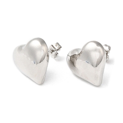 Platinum Rack Plating Brass Heart Stud Earrings, Platinum, 14.5x15.5mm