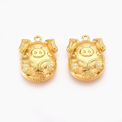 Golden Brass Chinese Symbol Pendants, Luck Piggy with Chinese Characters, Golden, 18x14.5x5mm, Hole: 1.4mm