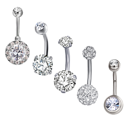 Platinum Brass Piercing Jewelry, Belly Rings, with Glass Rhinestone, Mixed Shapes, Platinum, 21~29mm, bar: 15 Gauge(1.5mm), 5pcs/set, bar length: 3/8"(10mm)~9/16"(14mm)