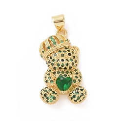 Green Brass Cubic Zirconia Pendants, Golden, Bear with Heart Charm, Green, 26x15x10mm, Hole: 4x4.5mm