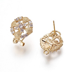 Golden Brass Micro Pave Cubic Zirconia Stud Earring Findings, with Loop, Flat Round with Flower, Clear, Golden, 18.5x15x12mm, Hole: 1.8mm, Pin: 0.7mm