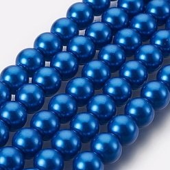Bleu Foncé Brins de perles rondes en verre teinté écologique, Grade a, cordon en coton fileté, bleu foncé, 8mm, Trou: 0.7~1.1mm, Environ 52 pcs/chapelet, 15 pouce