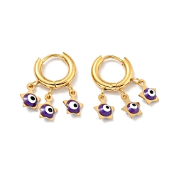 Indigo Enamel Star with Evil Eye Dangle Hoop Earrings, Gold Plated 304 Stainless Steel Jewelry for Women, Indigo, 23.5mm, Pin: 1mm