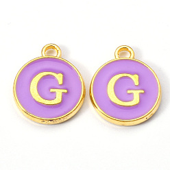 Letter G Golden Plated Alloy Enamel Charms, Enamelled Sequins, Flat Round with Letter, Medium Purple, Letter.G, 14x12x2mm, Hole: 1.5mm