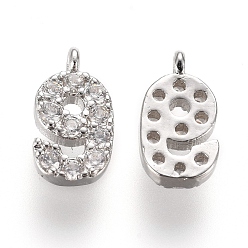 Number Brass Micro Pave Clear Cubic Zirconia Charms, Number, Platinum, Num.9, 9.5~10x4~6.5x2mm, Hole: 0.8mm