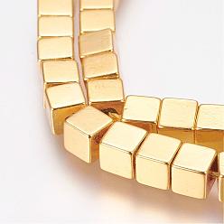 Plateado en Oro No magnéticos hebras de perlas de hematita sintética, cubo, oro chapado, 4x4x4 mm, agujero: 1 mm, sobre 94 unidades / cadena, 15.7 pulgada (40 cm)