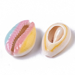 Colorful Printed Natural Cowrie Shell Beads, No Hole/Undrilled, Rainbow Style, Colorful, 18~21x12~15x7mm