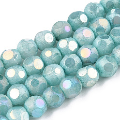 Turquoise Opaque Frosted Glass Beads Strands, AB Color Plated, Faceted, Round, Turquoise, 6.5x6mm, Hole: 1.5mm, about 70pcs/strand, 16.38 inch(41.6cm)