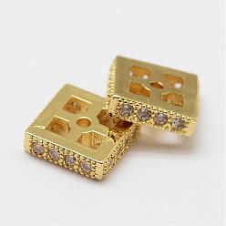 Golden Brass Micro Pave Cubic Zirconia Spacer Beads, Square, Lead Free & Nickel Free, Golden, 9x9x2.5mm, Hole: 1.1mm