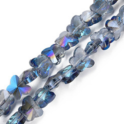 Cornflower Blue Electroplate Transparent Glass Beads Strands, AB Color Plated, Half Plated, Faceted, Butterfly, Cornflower Blue, 8x10x6mm, Hole: 1mm, about 100pcs/strand, 28.74 inch(73cm)