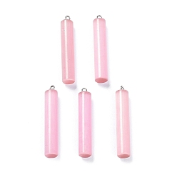 Pink Cat Eye Big Pendants, with Platinum Tone Iron Loops, Column Charms, Pink, 53.5x10mm, Hole: 2mm