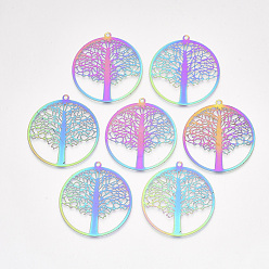 Rainbow Color Ion Plating(IP) 201 Stainless Steel Filigree Pendants, Etched Metal Embellishments, Flat Round with Tree of Life, Rainbow Color, 43x40x0.2mm, Hole: 2mm