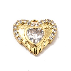 Clear Rack Plating Brass Micro Pave Cubic Zirconia Charms, Cadmium Free & Lead Free, Long-Lasting Plated, Heart with Wing Charm, Real 18K Gold Plated, Clear, 11x13x2.5mm, Hole: 1mm