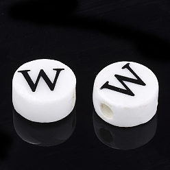 Letter W Handmade Porcelain Beads, Horizontal Hole, Flat Round with Letter, White, Letter.W, 8~8.5x4.5mm, Hole: 2mm
