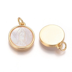 Oro Colgantes de latón, con cáscara y anillo de salto, plano y redondo con virgen maría, dorado, 16x14x3 mm, agujero: 3 mm