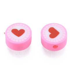 Pearl Pink Handmade Polymer Clay Beads, Flat Round with Heart, Pearl Pink, 9.5~10x4.5~5mm, Hole: 1.6mm