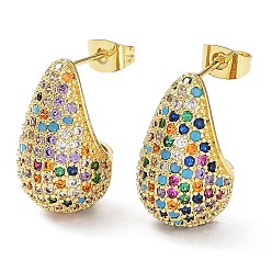 Colorful Cubic Zirconia Teardrop Stud Earrings, Real 16K Gold Plated Brass Earrings for Woman, Colorful, 20x12mm