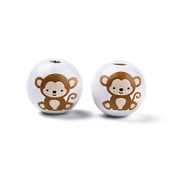 Singe Perles en bois imprimées sur le thème des animaux, ronde, motif de singe, 15.5~16x15mm, Trou: 3.5mm