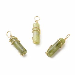 TaiWan Jade Natural Taiwan Jade Pendants, with Light Gold Tone Eco-Friendly Copper Wire Wrapped, Column, 20~21x5~5.5mm, Hole: 2.3~2.8mm