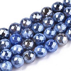 Cornflower Blue Electroplate Natural Agate Beads Strands, Dyed, Faceted, Pearl Luster Plated, Round, Cornflower Blue, 8.5x7~8mm, Hole: 1.2mm, about 47~48pcs/strand, 13.78 inch~13.98 inch(35cm~35.5cm)