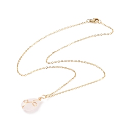 Rose Quartz Natural Rose Quartz Teardrop Pendant Necklace, Gold Plated 304 Stainless Steel Wire Wrap Jewelry for Women, 17.72 inch(45cm)